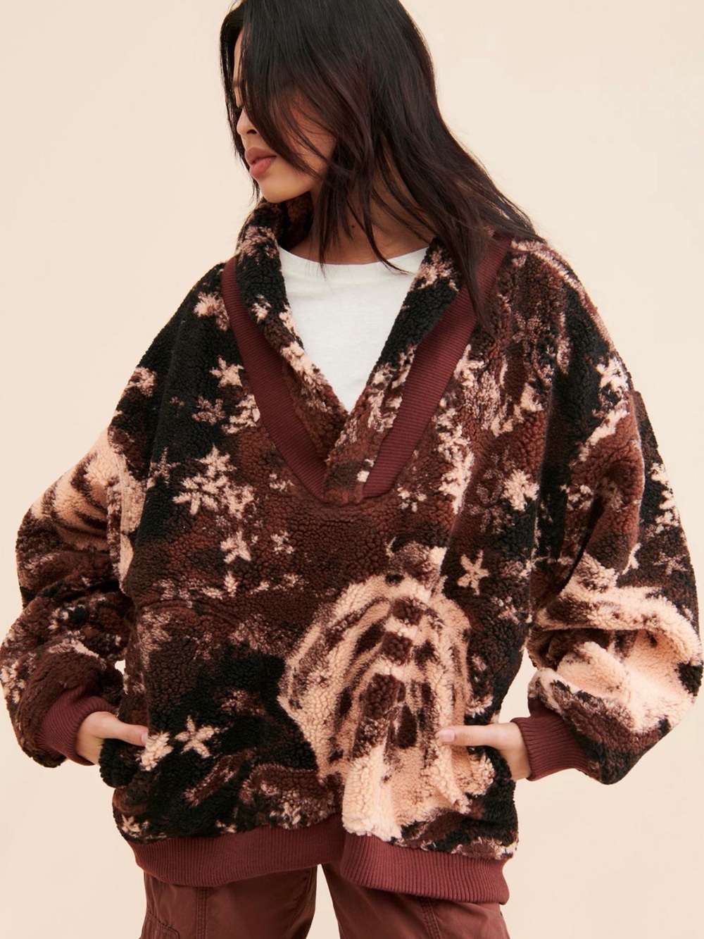 Free People Brown Black and Cream Teddy Pullover Jacket